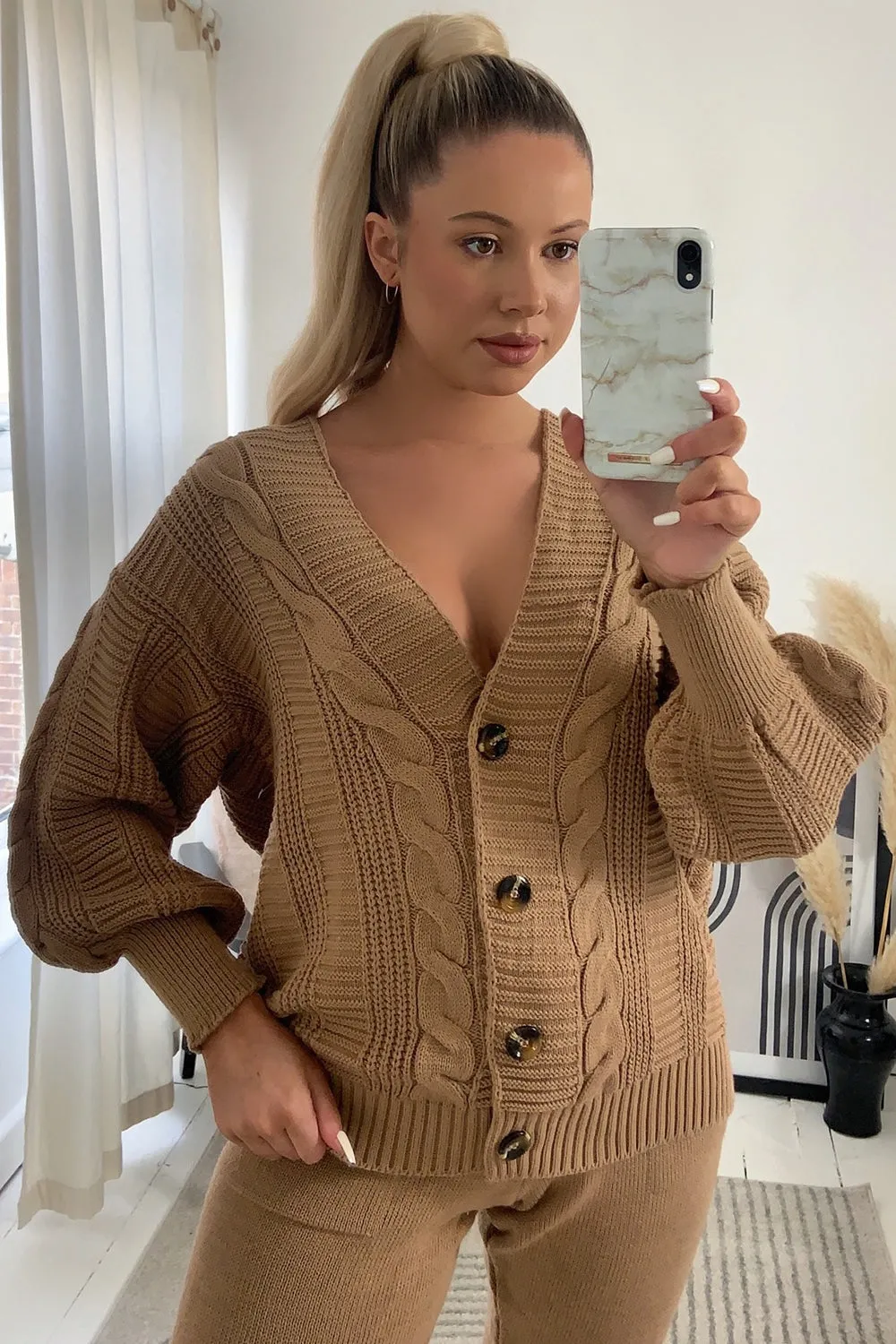 Steph Camel Cable Knit Cardigan and Joggers Co-Ord Set