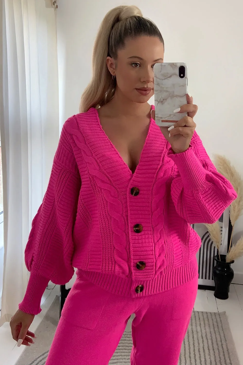 Steph Hot Pink Cable Knit Cardigan and Joggers Co-Ord Set