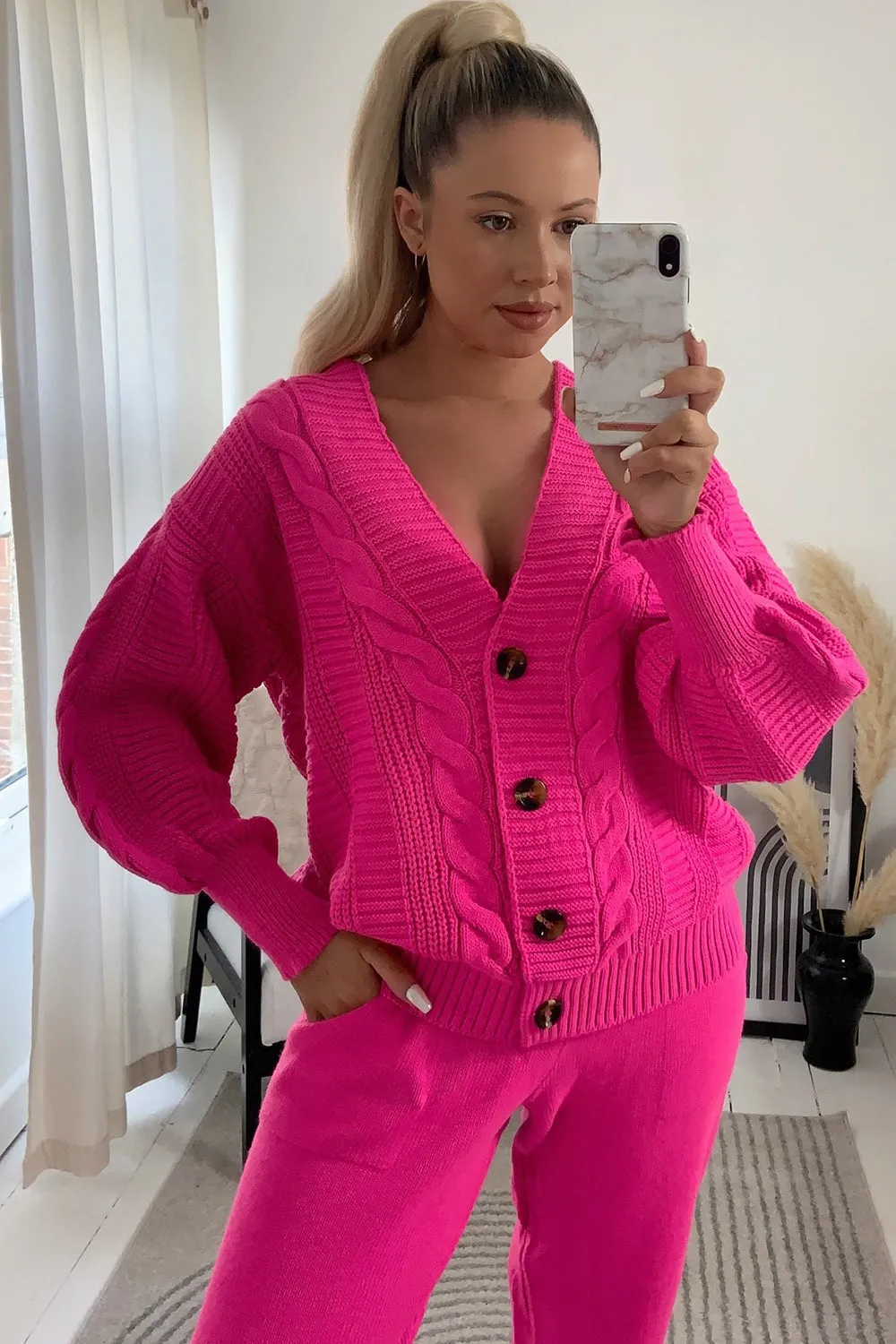 Steph Hot Pink Cable Knit Cardigan and Joggers Co-Ord Set