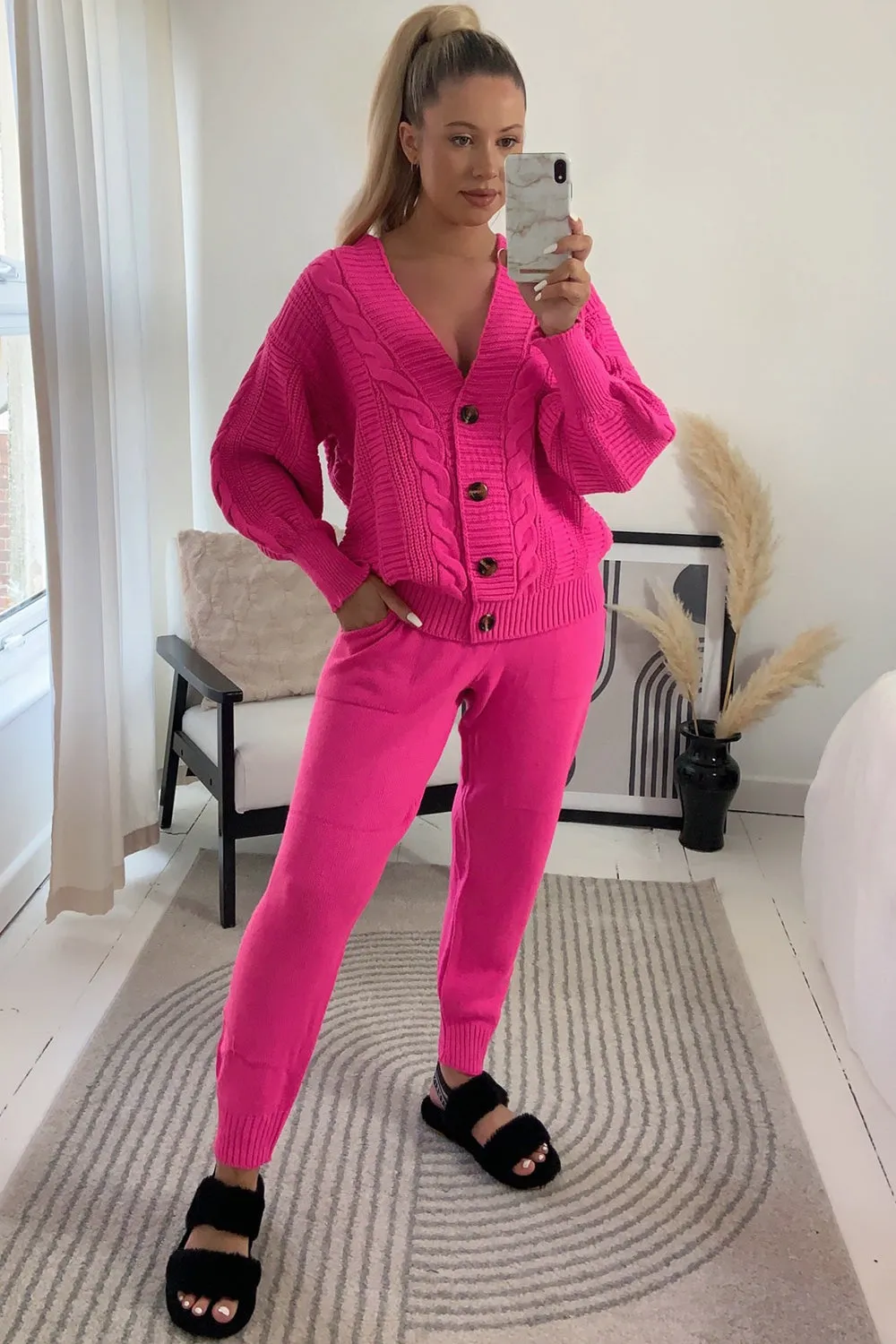 Steph Hot Pink Cable Knit Cardigan and Joggers Co-Ord Set