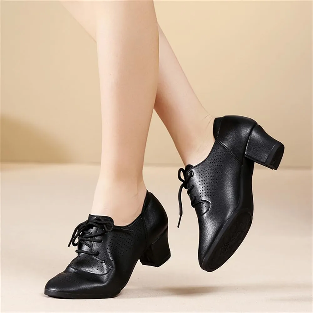 Womens Dance Sneakers, Outdoor Rubber Sole Jazz Shoes Lace-Up Ballroom Trainers Non-Slip Leather Ladies Dancing Shoe