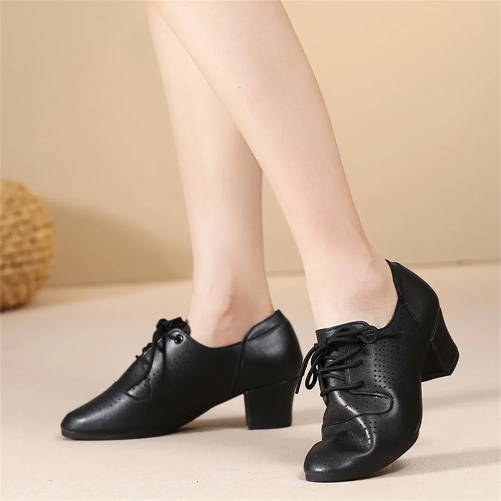 Womens Dance Sneakers, Outdoor Rubber Sole Jazz Shoes Lace-Up Ballroom Trainers Non-Slip Leather Ladies Dancing Shoe