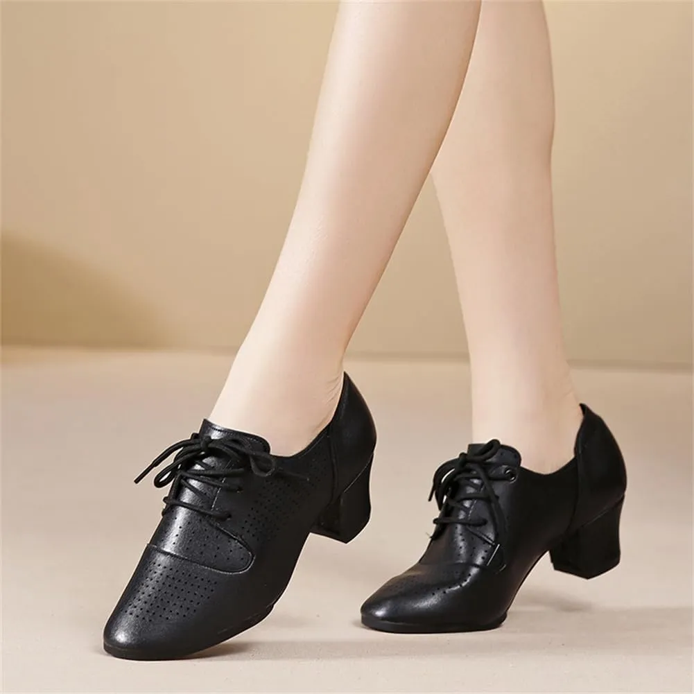 Womens Dance Sneakers, Outdoor Rubber Sole Jazz Shoes Lace-Up Ballroom Trainers Non-Slip Leather Ladies Dancing Shoe