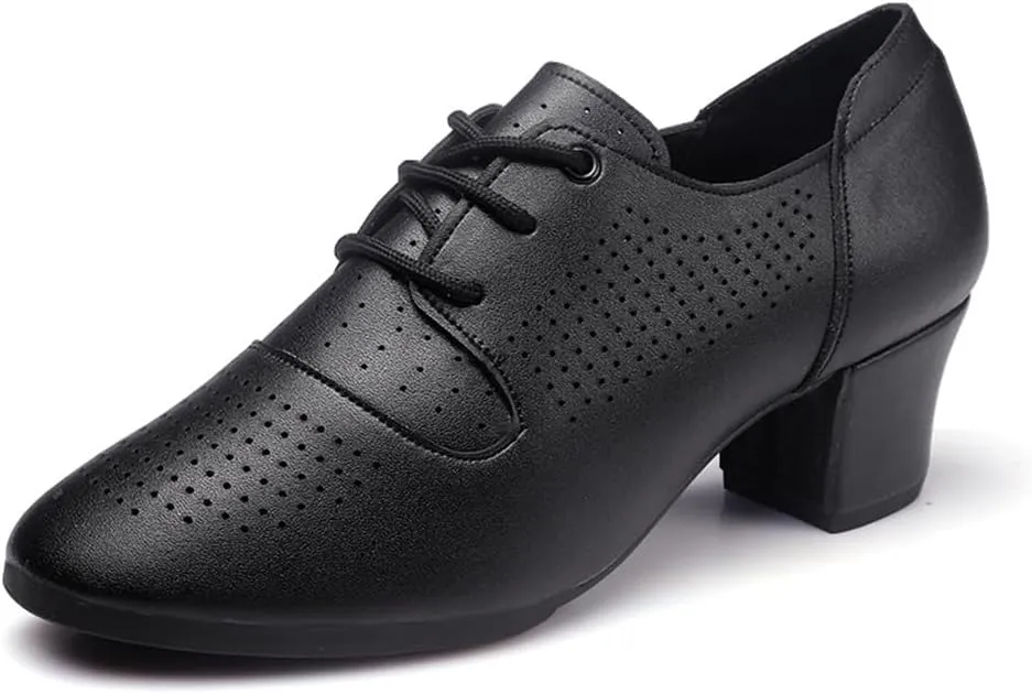 Womens Dance Sneakers, Outdoor Rubber Sole Jazz Shoes Lace-Up Ballroom Trainers Non-Slip Leather Ladies Dancing Shoe