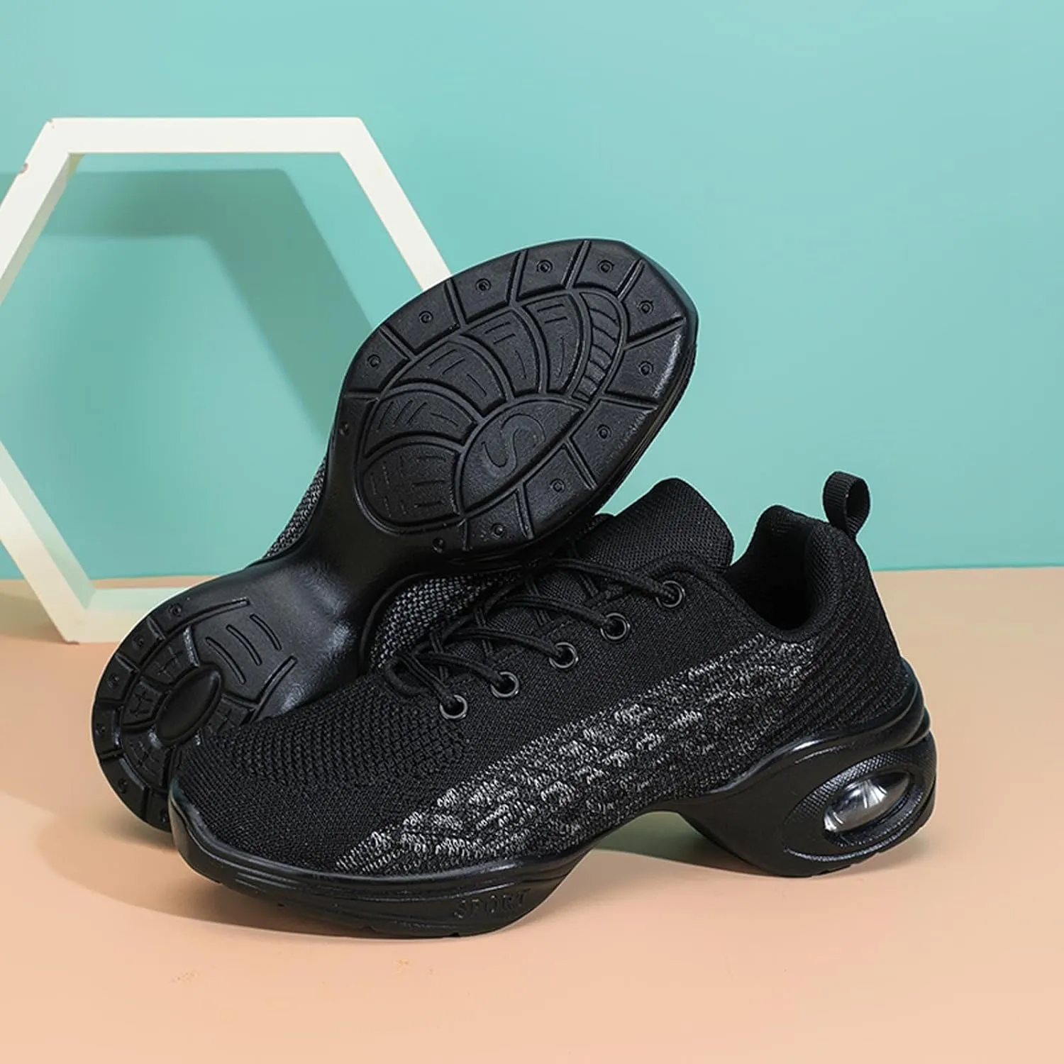 Womens Jazz Sneakers Lace-up Walking Shoes Split Sole Dance Shoes with Air Cushion Breathable Mesh Platform Shoes