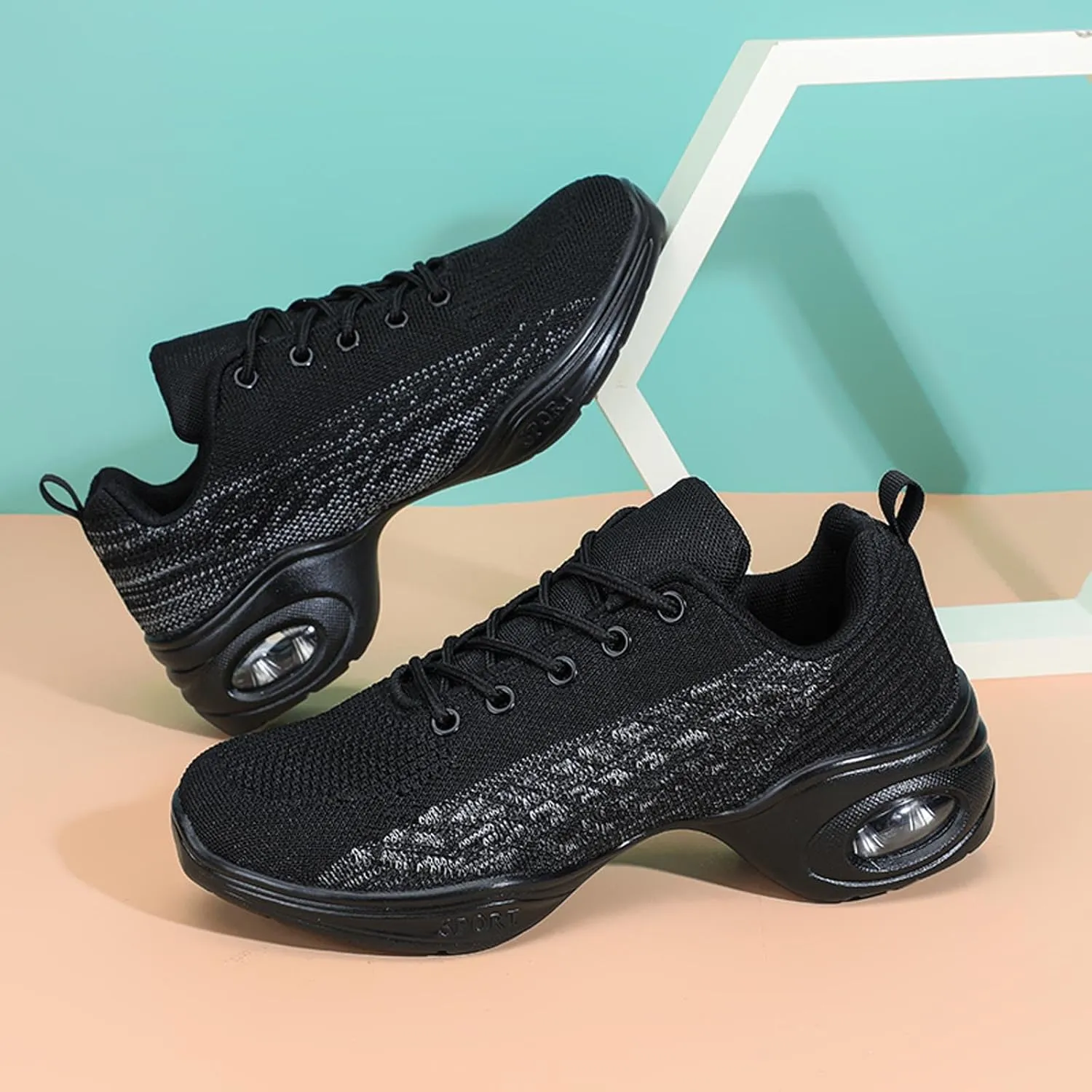 Womens Jazz Sneakers Lace-up Walking Shoes Split Sole Dance Shoes with Air Cushion Breathable Mesh Platform Shoes