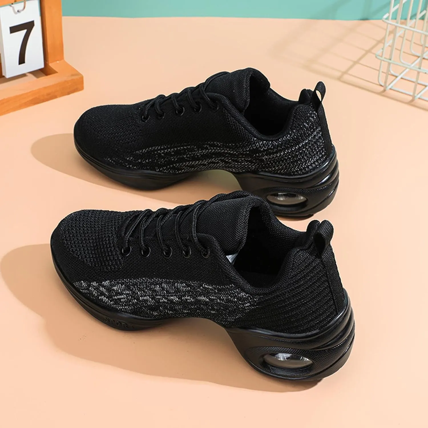 Womens Jazz Sneakers Lace-up Walking Shoes Split Sole Dance Shoes with Air Cushion Breathable Mesh Platform Shoes
