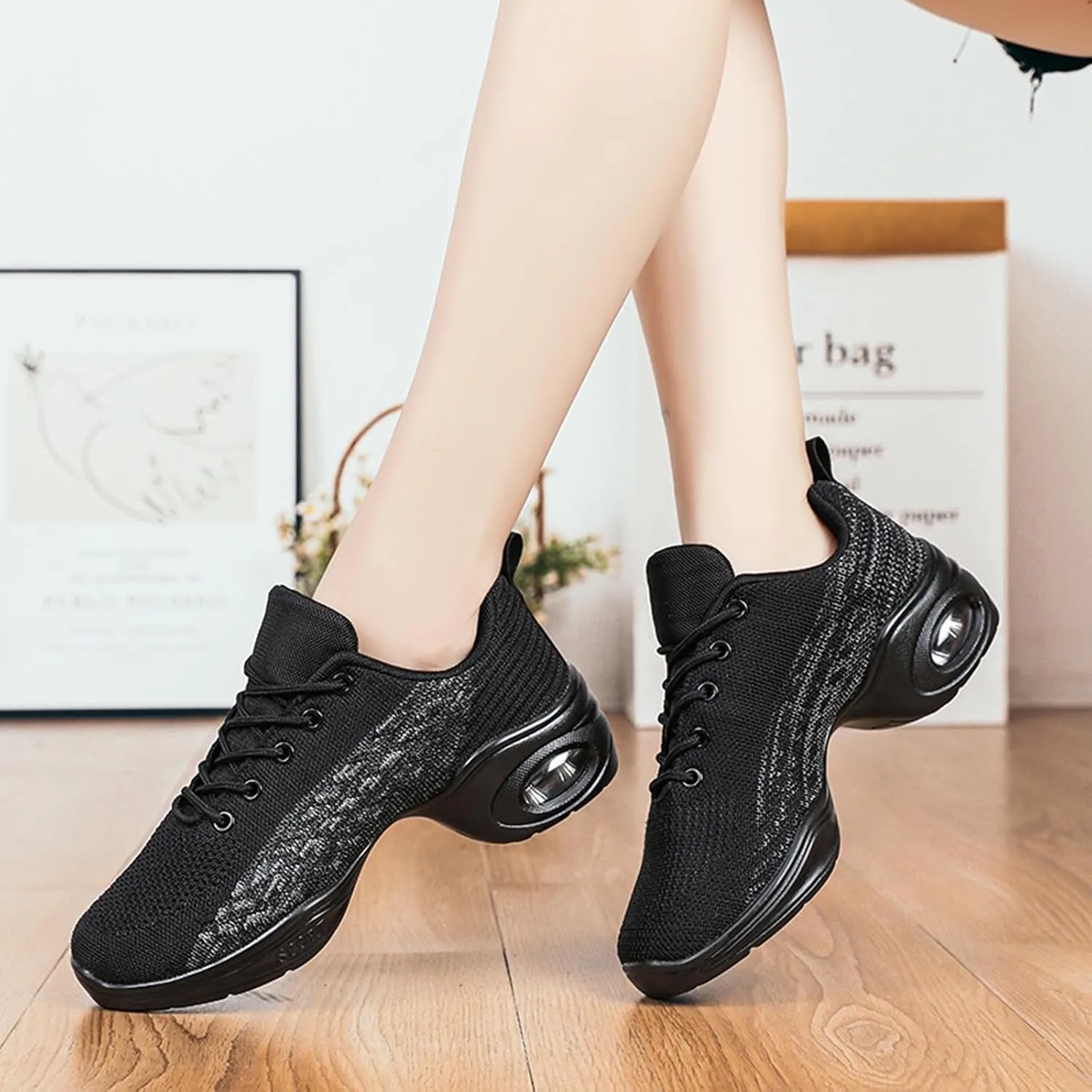 Womens Jazz Sneakers Lace-up Walking Shoes Split Sole Dance Shoes with Air Cushion Breathable Mesh Platform Shoes
