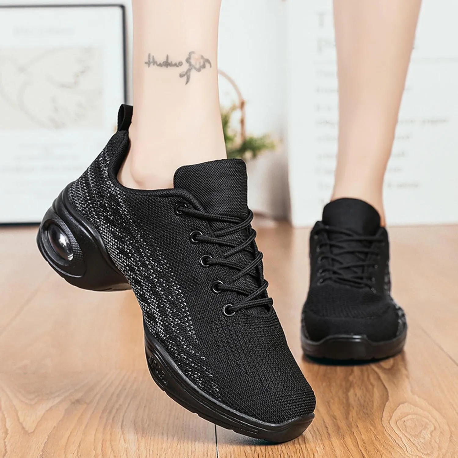 Womens Jazz Sneakers Lace-up Walking Shoes Split Sole Dance Shoes with Air Cushion Breathable Mesh Platform Shoes