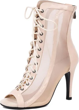 YKXLM Latin Dance Boots Salsa Women Ballroom Lace-up Ankle Open Toe Dance Shoes,953,3 inch Heel,Beige,6 US