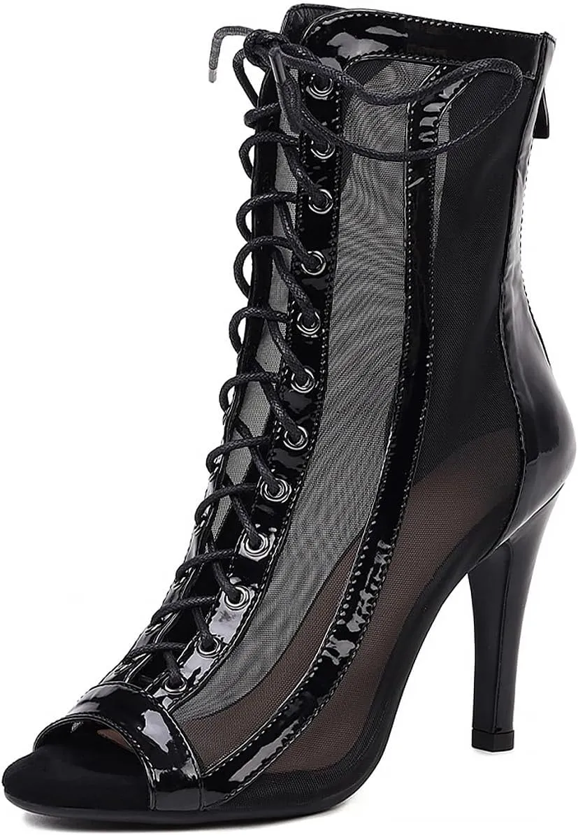 YKXLM Latin Dance Boots Salsa Women Ballroom Lace-up Ankle Open Toe Dance Shoes,953,3 inch Heel,Black,6 US