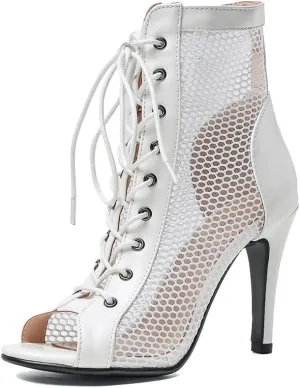 YKXLM Women Open Toe Dance Boots Latin Salsa Ballroom Lace-up Ankle Dance Shoes,B55,3 inch Heel,White,8.5 US