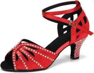 YKXLM Women Rhinestone Ballroom Dance Shoes Latin Performance Dance Shoes Women Suede Sole,2 1/3 inch Heel,Red,8US