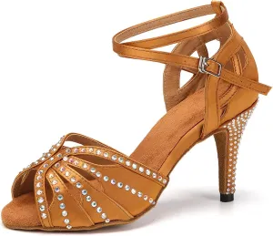 YKXLM Women Rhinestone Ballroom Dance Shoes Latin Performance Dance Shoes Women Suede Sole,L162,3 1/3 inches Heel,Brown,8 US