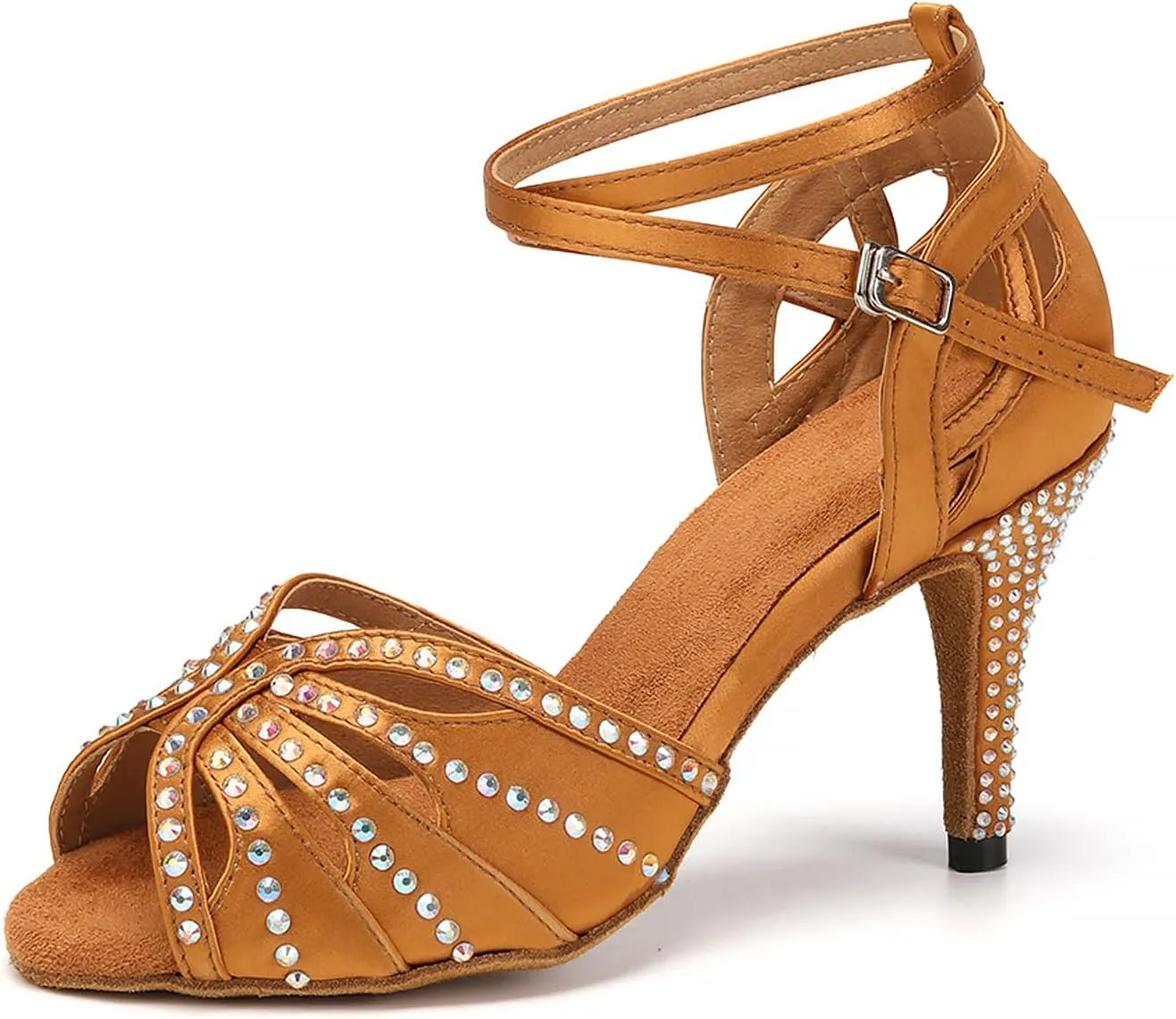 YKXLM Women Rhinestone Ballroom Dance Shoes Latin Performance Dance Shoes Women Suede Sole,L162,3 1/3 inches Heel,Brown,8 US