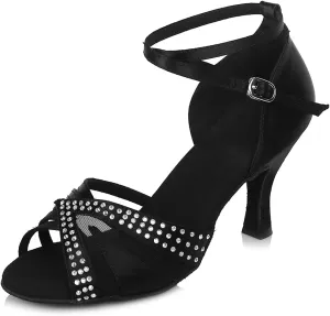 YKXLM Women Rhinestone Ballroom Dance Shoes Latin Performance Dance Shoes Women Suede Sole,L165,2 1/3 inches Heel,Black,8.5US