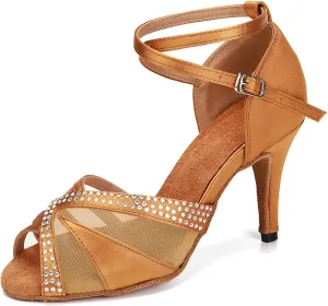 YKXLM Women Rhinestone Ballroom Dance Shoes Latin Performance Dance Shoes Women Suede Sole,L165,3 1/3 inches Heel,Brown,7US
