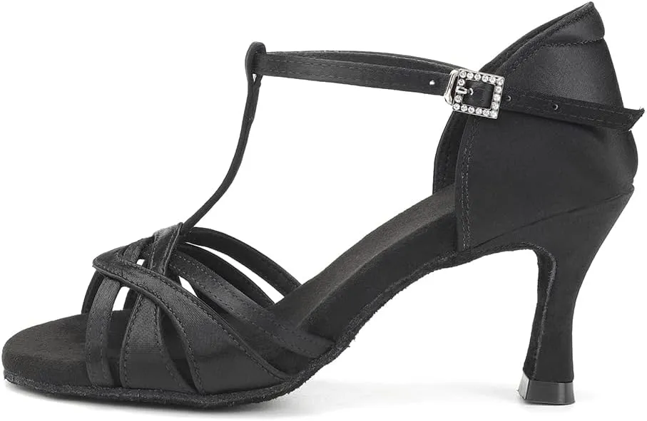 YKXLM Women's Satin Latin Dance Shoes Ballroom Salsa Tango Professional Performance Practice Dancing Shoes,3038T,Black,8 US